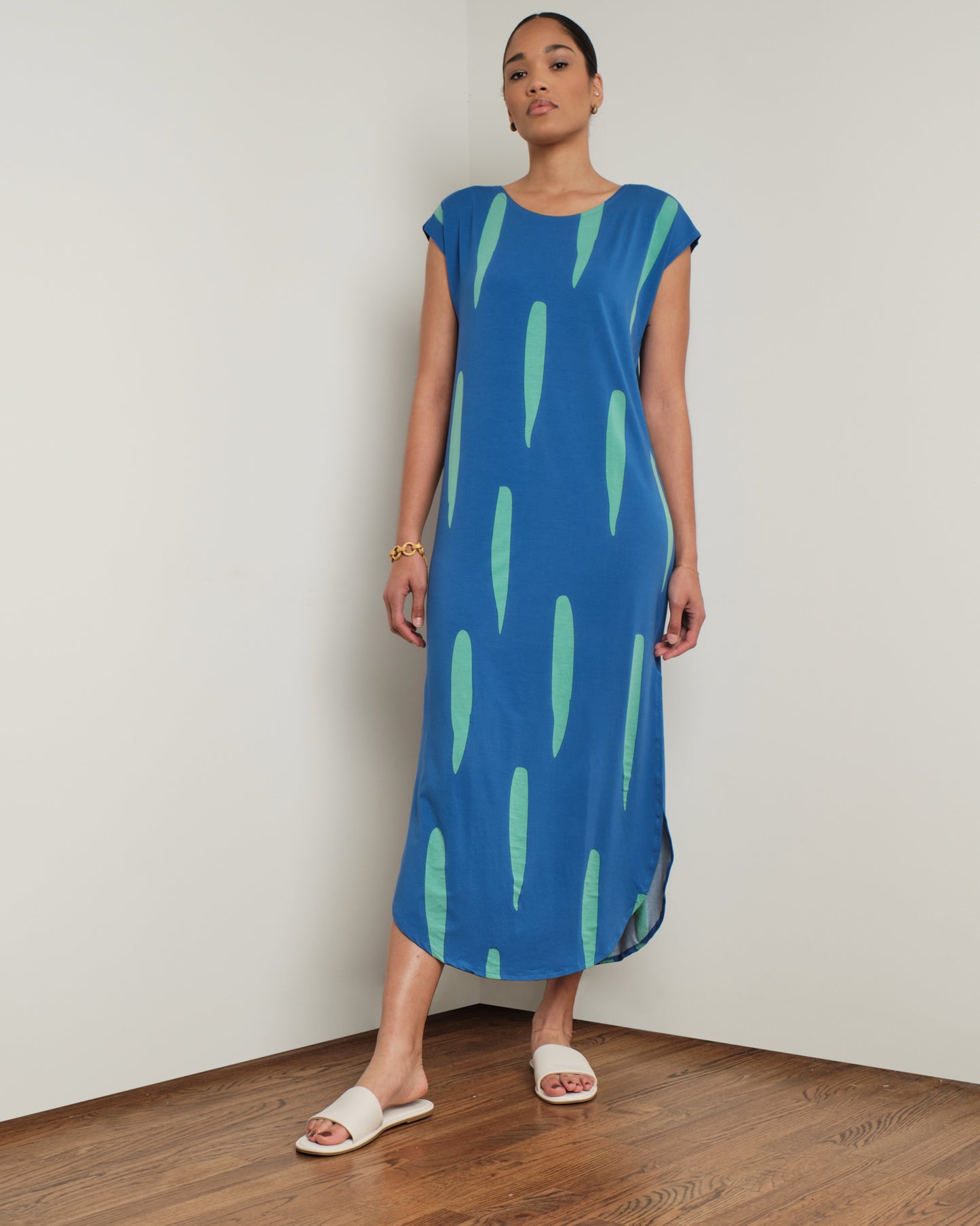 Long Easy Dress in Blue/Green Print