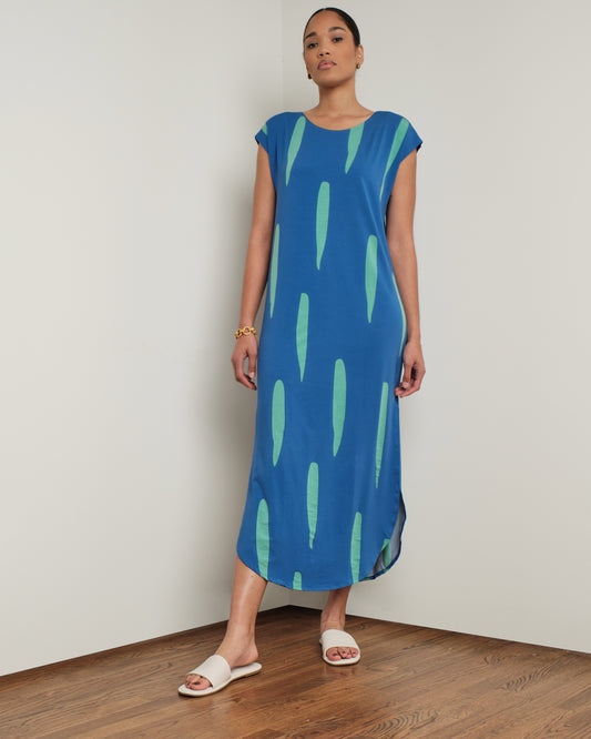 Long Easy Dress in Blue/Green Print