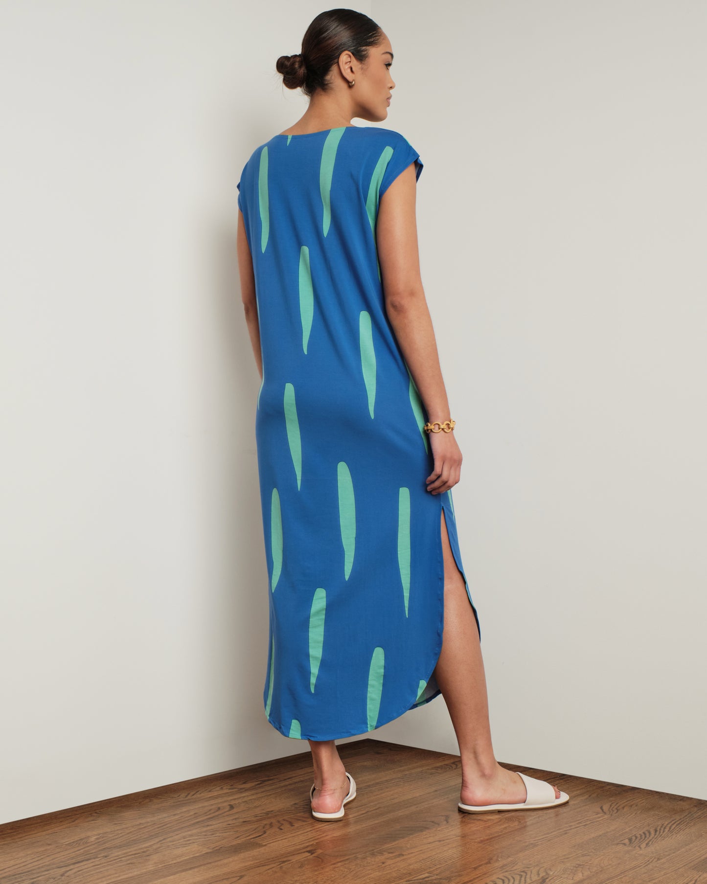 Long Easy Dress in Blue/Green Print