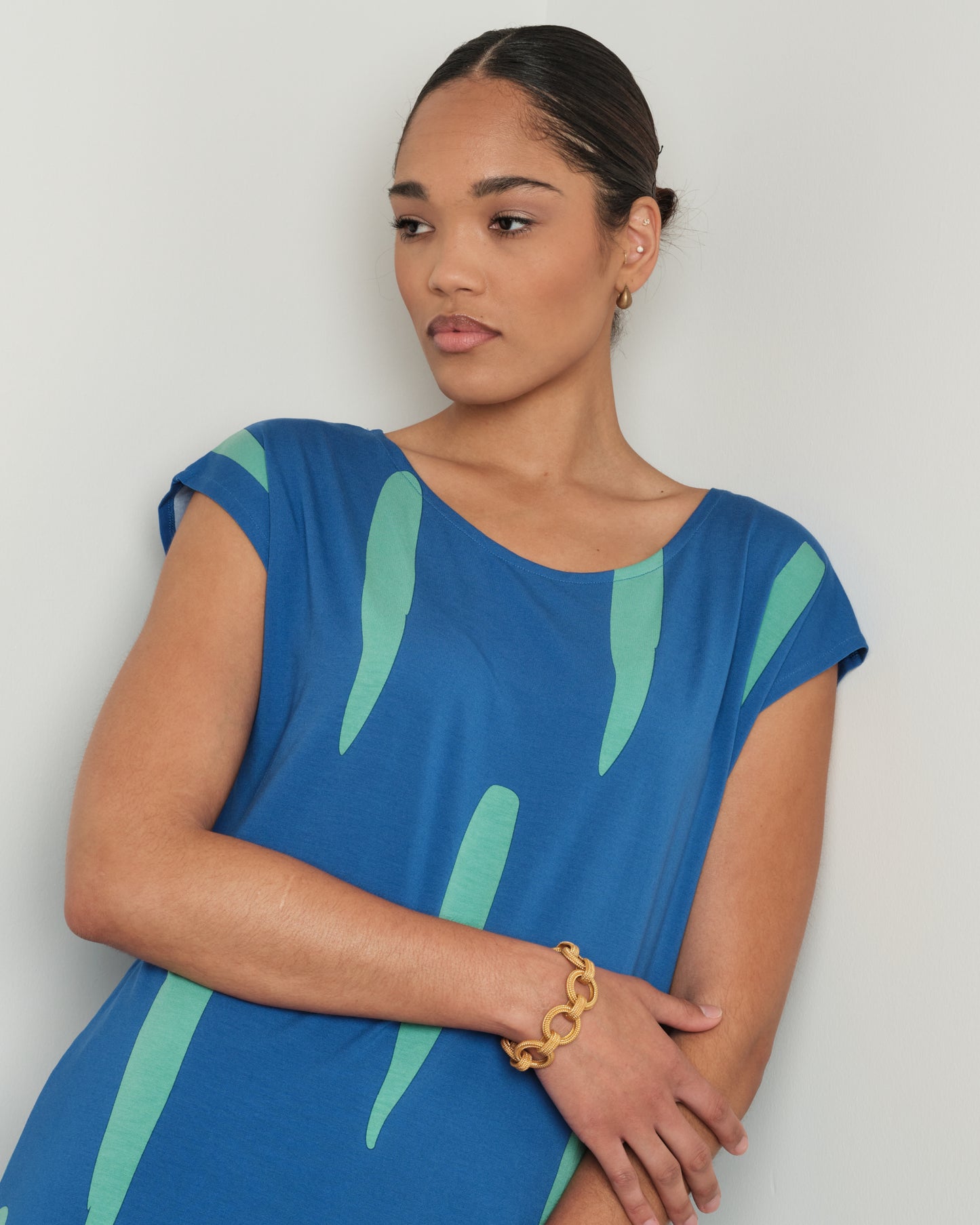 Long Easy Dress in Blue/Green Print