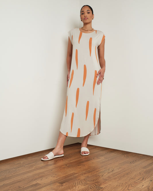 Long Easy Dress in White/Orange Print